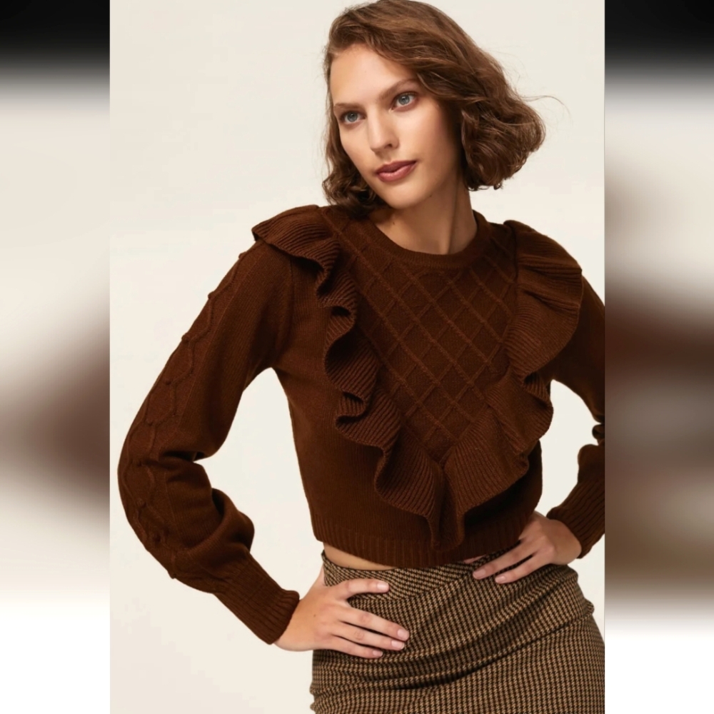 Louna Brown Ruffle Front Cropped Sweater Size XS